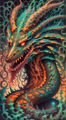 Fototapeta premium A mythical guardian awakens from its slumber, scales glimmering in the moonlit night