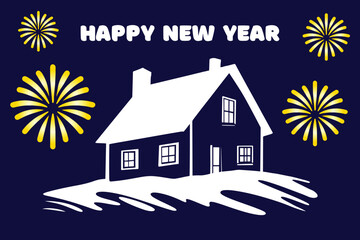 Happy new year, home with firework design, house property concept, layout template, vector illustration, greeting card design element, editable