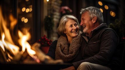 Obraz na płótnie Canvas Happy senior couple in winter clothes looking at each other and smiling while sitting in front of a fireplace