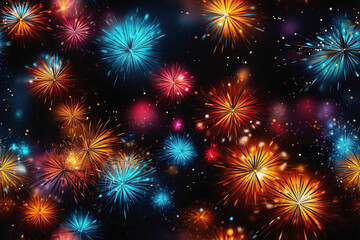 Naklejka premium festive seamless pattern with multicolored fireworks on black background for wrapping paper decor