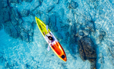 Aerial view of a kayak in the blue sea .Woman kayaking She does water sports activities.	