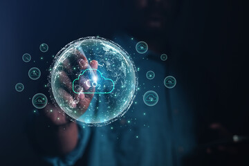 Businessman show with environmental icons for reducing CO2 emissions, sustainable development and green business from renewable energy. Concept Carbon Neutrality.