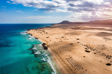 Aerial view of beach in Corralejo Park, Fuerteventura, Canary Islands. Corralejo Beach (Grandes Playas de Corralejo) on Fuerteventura, Canary Islands, Spain. Beautiful turquoise water and white sand. - obrazy, fototapety, plakaty