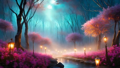 A riverside with pink flowers, in a foggy, mystical forest, with old antique street lamps for Valentine's Day