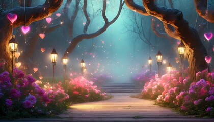 A wooden road decorated with pink flowers, in a foggy, mystical forest, with old antique street lamps on the roadside. A place decorated for Valentine's Day