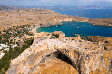 Ruins of Acropolis of Lindos view from above, Rhodes, Dodecanese Islands, Greek Islands, Greece....