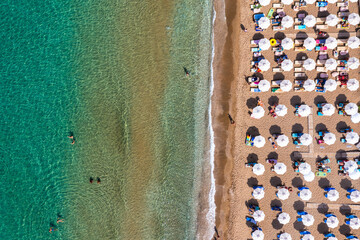 Tsampika beach with golden sand view from above, Rhodes, Greece. Aerial birds eye view of famous...