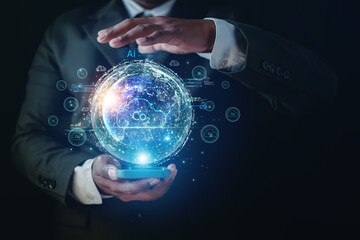 Businessman show with environmental icons for reducing CO2 emissions, sustainable development and green business from renewable energy. Concept Carbon Neutrality.