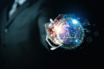 Businessman show with environmental icons for reducing CO2 emissions, sustainable development and green business from renewable energy. Concept Carbon Neutrality.