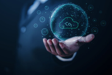 Businessman show with environmental icons for reducing CO2 emissions, sustainable development and green business from renewable energy. Concept Carbon Neutrality.