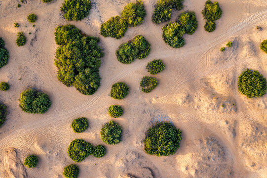 Aerial drone view over sand dunes close to Lake Korission. It is located in the southern part of Greek island of Corfu, Greece.