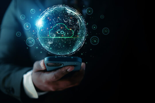 Businessman show with environmental icons for reducing CO2 emissions, sustainable development and green business from renewable energy. Concept Carbon Neutrality.