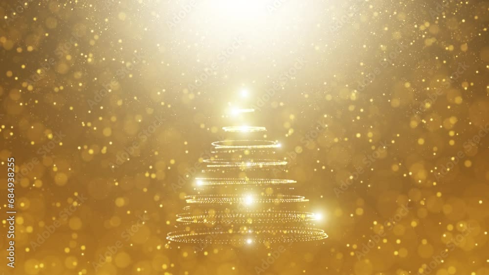 Poster falling golden glitter particles with christams tree loop animation.