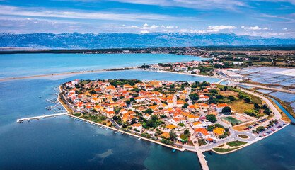 Historic town of Nin laguna aerial view with Velebit mountain background, Dalmatia region of...