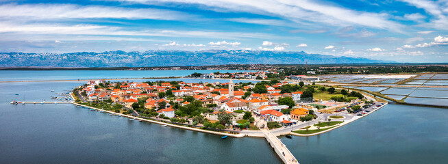 Historic town of Nin laguna aerial view with Velebit mountain background, Dalmatia region of...