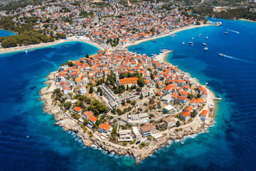 Aerial view of Primosten old town on the islet, Dalmatia, Croatia. Primosten, Sibenik Knin County,...