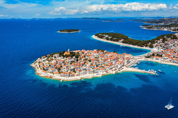 Aerial view of Primosten old town on the islet, Dalmatia, Croatia. Primosten, Sibenik Knin County,...