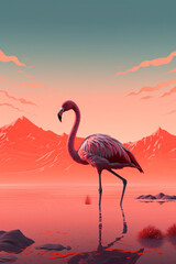 flamingo standing on pink mountains in the background