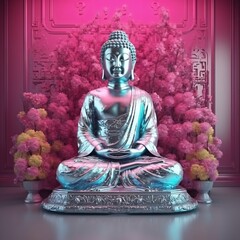 3D silver buddha statue sitting on lotus flower in realistic style on hot pink background