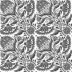 Vector lace pattern with tracery gray floral ornaments in tile on white background. Decorative monochrome seamless texture with flowers and foliage