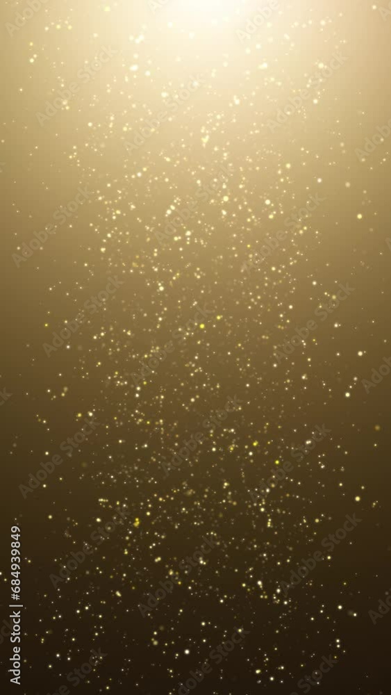 Poster seamless loop flicker gold particles on golden vertical background.