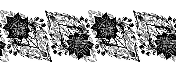 Vector monochrome decorative holiday border with poinsettia flowers. Seamless tracery frieze with black Christmas flower starts - obrazy, fototapety, plakaty