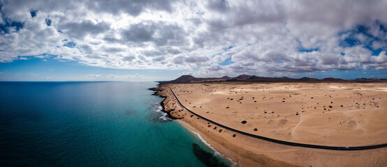 Panoramic high angle aerial drone view of Corralejo National Park (Parque Natural de Corralejo)...