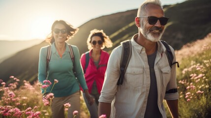 Group of elderly or middle-aged people exercises trekking in national park walking up to mountain with flower glasses field, tourist lifestyle adventure travel outdoors in autumn, widow sunset light - obrazy, fototapety, plakaty