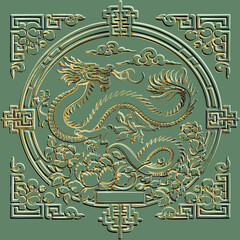 Green Ornamental emboss 3d chinese dragon with chinese style frames. Happy Chinese new year 2024 Zodiac sign, year of the Dragon. Relief embossed trendy vector background. Surface 3d ornate texture