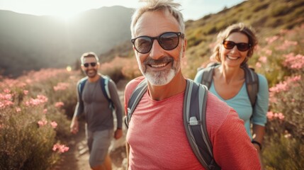Group of middle-aged people looking at camera smiling spend free time trekking in national park with flower glasses field, retired pensioner lifestyle outdoor activities, autumn season, widow sunset
