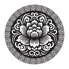 Chinese traditional floral black and white mandala pattern with round chinese meanders frame. Vector ornamental ethnic background. Decorative isolated ornaments. Chinese new year. Ornate texture - obrazy, fototapety, plakaty