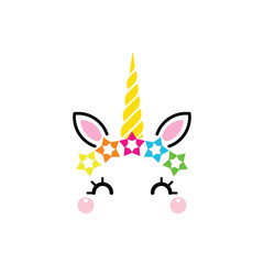 Unicorn head adorned with stars isolated on white background. Vector cartoon character illustration. Design for child card, t-shirt. girls, kid. 