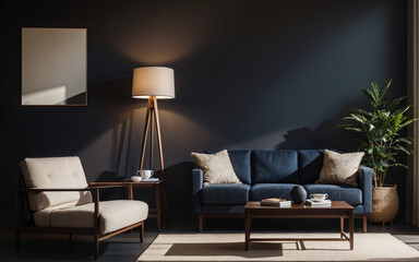 Living room interior featuring armchairs and a coffee table, with a black floor lamp illuminating over a dark wall.