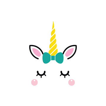 Unicorn face head with bow tie ribbon isolated on white background. Vector cartoon character illustration. Design for child card, t-shirt. girls, kid. 