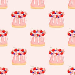 Delicious cakes, pastel colors, seamless background.