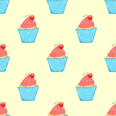 Delicious cakes, pastel colors, seamless background.