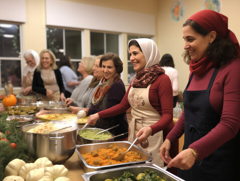 A Photo Of A Group Of Middle-Eastern Women Sharing Traditional Holiday Recipes At A Community Center Cooking Class