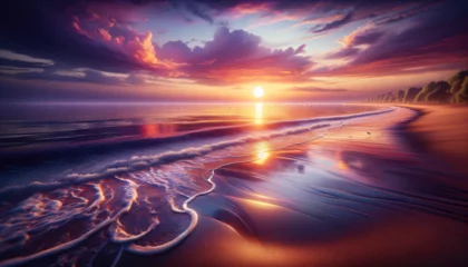 Fotobehang A highly realistic, camera-captured style image of a coastal landscape at sunset. The scene includes a calm ocean with gentle waves lapping © EA Studio