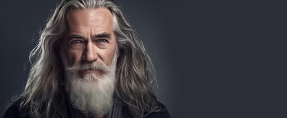 Elegant smiling elderly blond Caucasian with gray and long hair with perfect skin, on a gray background, banner.