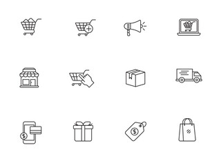 Set of e-commerce icons in linear style on a white background. Online shopping signs collection