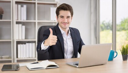 a man sitting at a desk with a laptop giving a thumbs up