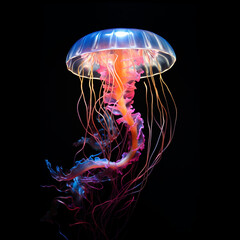 Glowing jellyfish swim deep in blue sea, neon jellyfish fantasy on black background