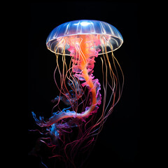 Fototapeta premium Glowing jellyfish swim deep in blue sea, neon jellyfish fantasy on black background