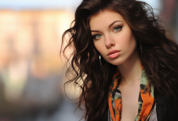 Fototapeta premium Young Brunette Woman with Long Hair Looking Towards the Camera