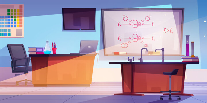 Chemistry classroom interior with equipment. Vector cartoon illustration of school lab with laptop and books on desk, formula written on board, glassware with color liquids, tv on wall, education