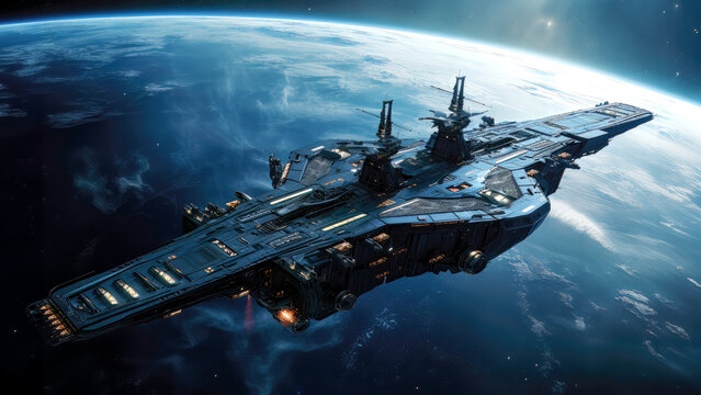 Large spaceship in orbit over an earth like planet, science fiction