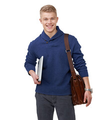 Laptop, education and portrait of man with bag on isolated, png and transparent background. University, student and happy person with computer for learning, academic course and knowledge at college