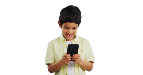 Kid, typing and boy with a smartphone, smile and connection isolated on transparent background. Person, model and child with cellphone, png and online game with social media, digital app and internet