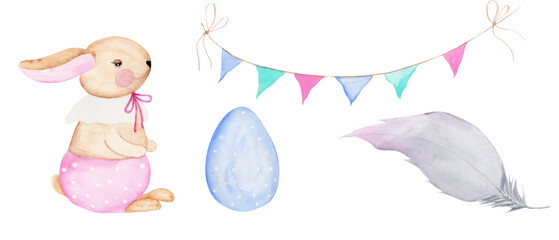 Watercolor Easter cute set of bunny eggs, garland and feathers. Isolates on a white background in soft pastel colors for the design of cards and invitations