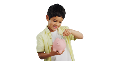 Happy boy, piggy bank and cash for savings, investment or profit isolated on a transparent PNG background. Little child or kid smile with coins, money or allowance for safe bills, budget or finance